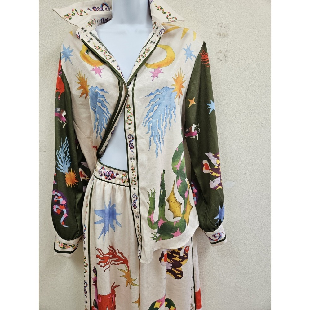 Celestial Fantasy Dragon Yogi  Pajama Set Shirt Pants Raw Hem Loungewear Small